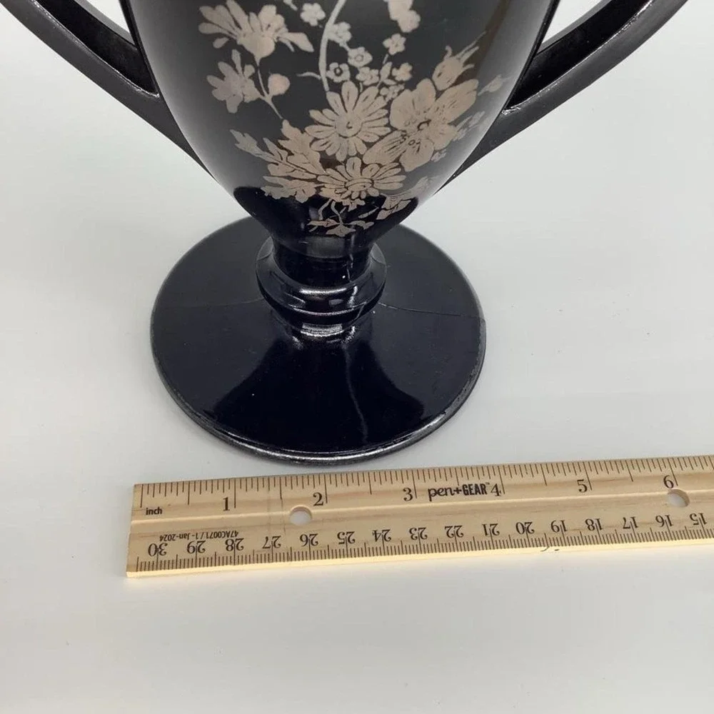 Vintage LE Smith Amethyst Glass Trophy Vase Silver Floral Double Handle Ruffled
